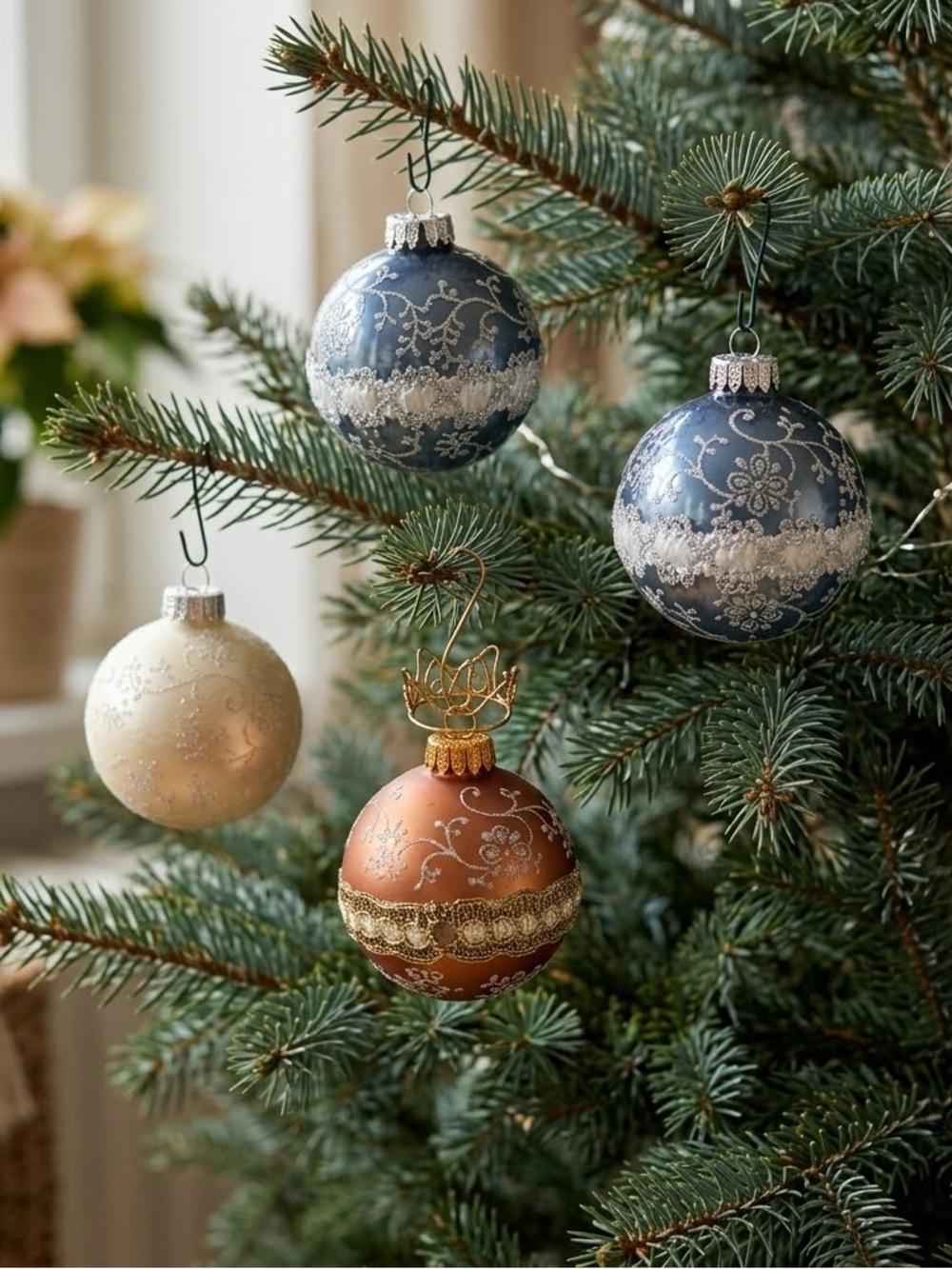 VTG Christmas by Krebs Set Of 4 Hand Decorated Glass Ornaments Retro Collectible